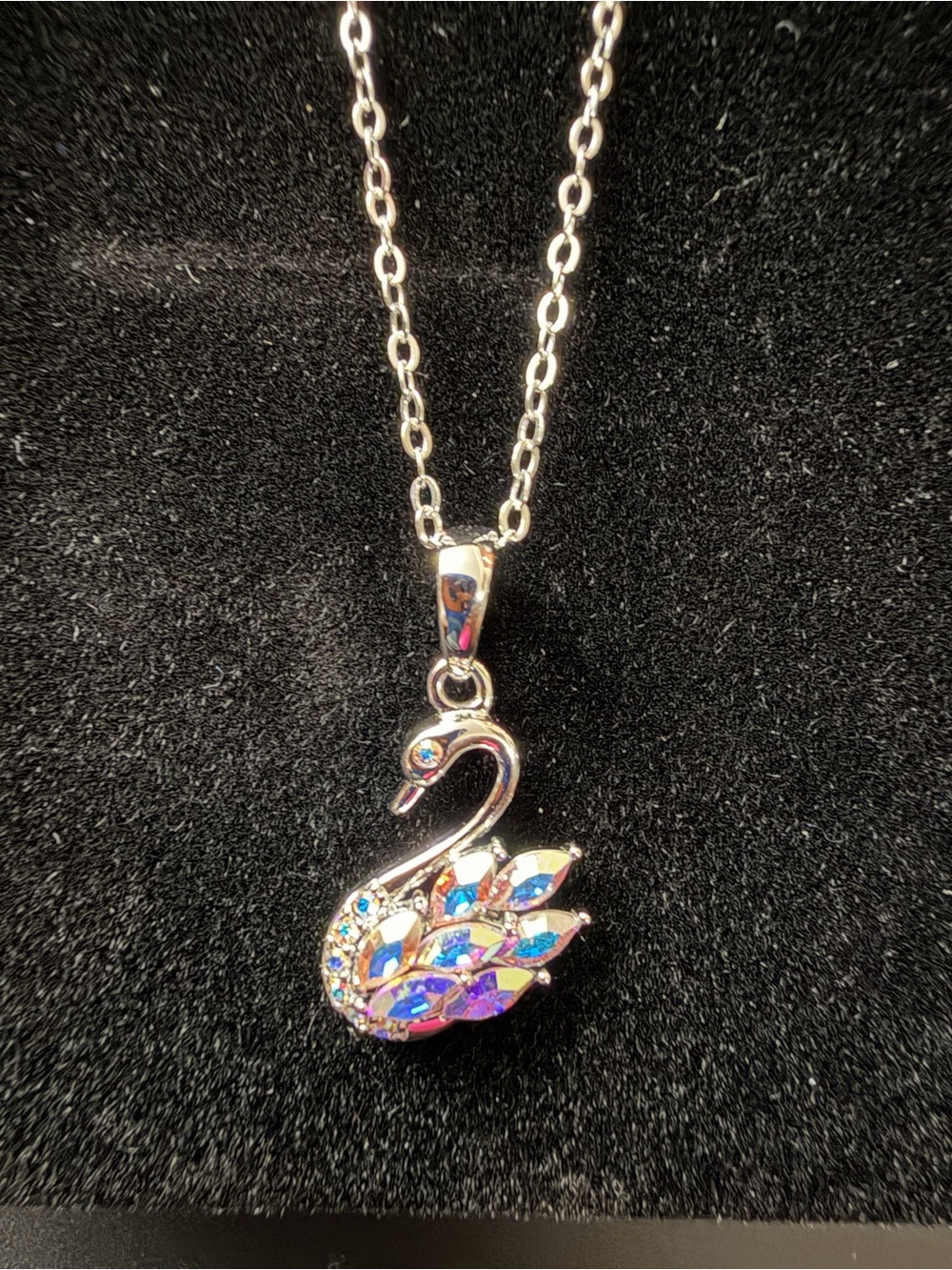 Iridescent Crystal Swan Pendant Necklace - Silver Tone